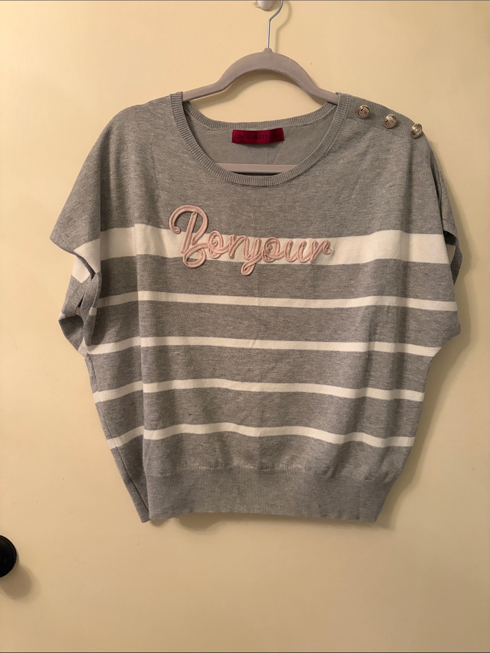 Striped Grey & White 'Bonjour' Crewneck Sweater with Pink Script